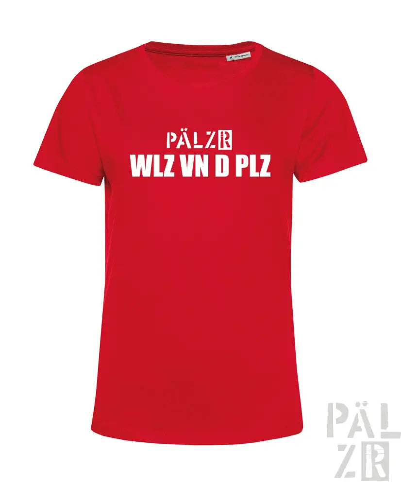 Rotes T-Shirt mit weißem Text ’pälzr wlz vn d plz’ und Logo am Ärmel.
