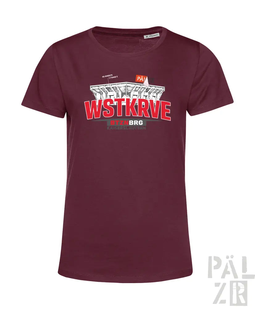 Maroon frauen t-shirt mit kurzem ärmel und auffälligem grafikdruck in rot und weiß über architekturillustration
