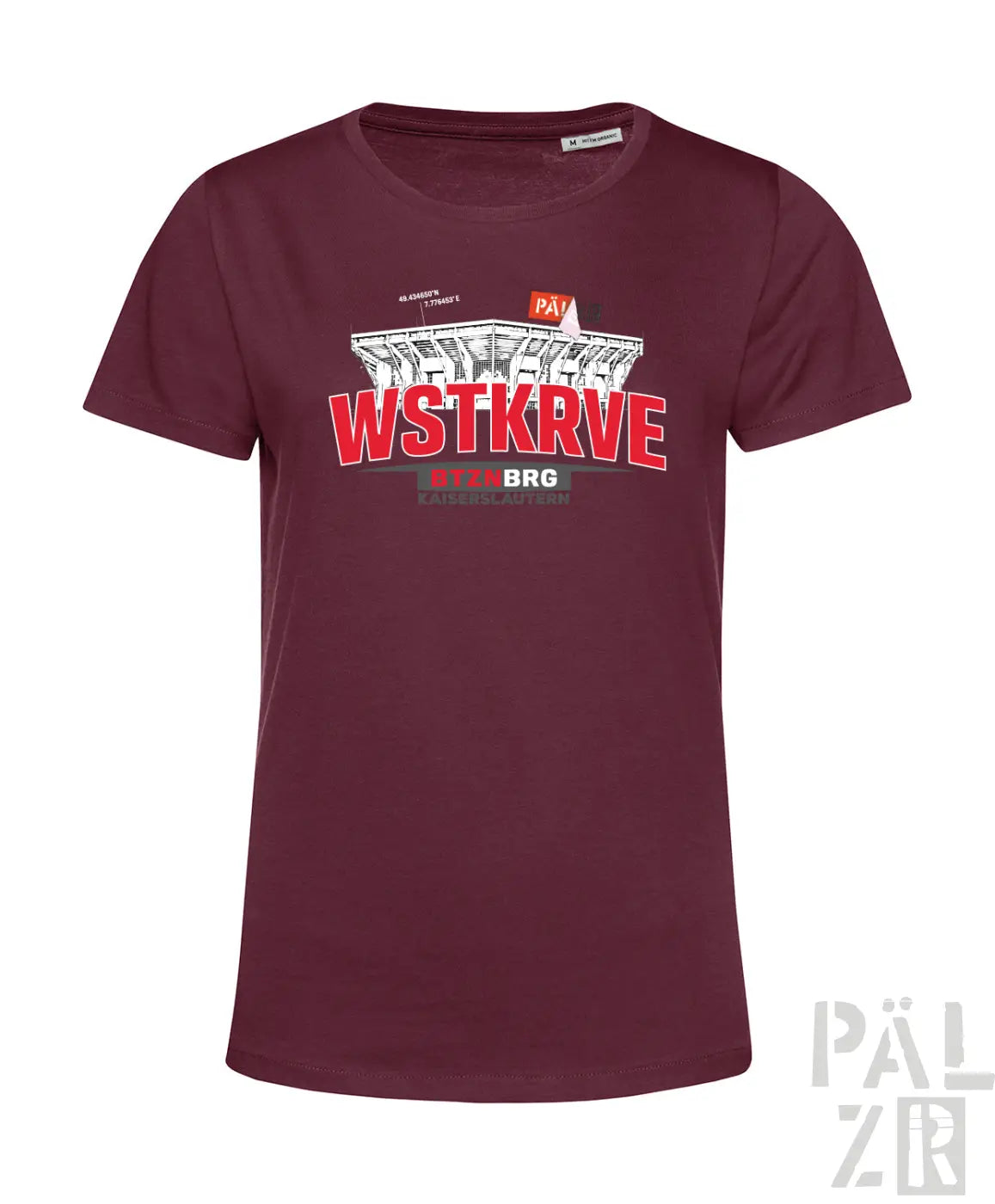 Maroon frauen t-shirt mit kurzem ärmel und auffälligem grafikdruck in rot und weiß über architekturillustration