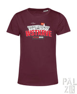 Maroon frauen t-shirt mit kurzem ärmel und auffälligem grafikdruck in rot und weiß über architekturillustration