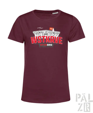 Maroon frauen t-shirt mit kurzem ärmel und auffälligem grafikdruck in rot und weiß über architekturillustration