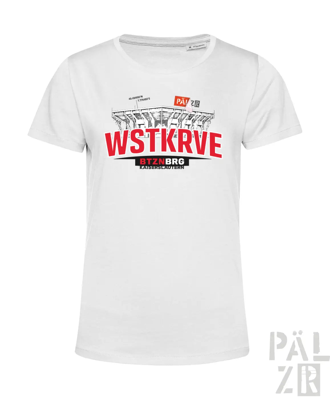 Weißes frauen t-shirt aus baumwolle mit rotem und schwarzem stadiongrafik und wstkrv text auf der brust