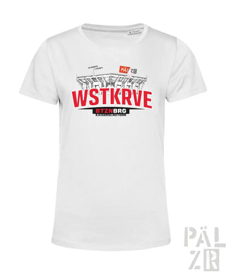 Weißes frauen t-shirt aus baumwolle mit rotem und schwarzem stadiongrafik und wstkrv text auf der brust