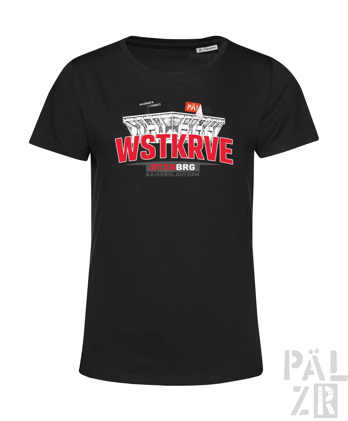 Schwarzes frauen kurzarmshirt mit rotem und weißem wstkrve stadion grafik und brg branding in drei farben