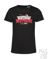 Schwarzes frauen kurzarmshirt mit rotem und weißem wstkrve stadion grafik und brg branding in drei farben