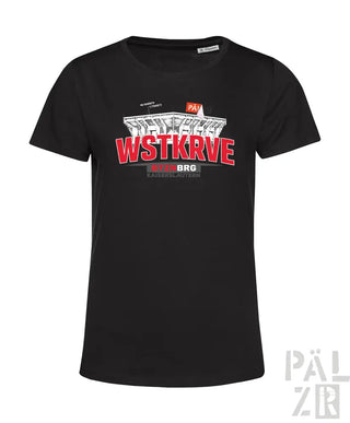Schwarzes frauen kurzarmshirt mit rotem und weißem wstkrve stadion grafik und brg branding in drei farben