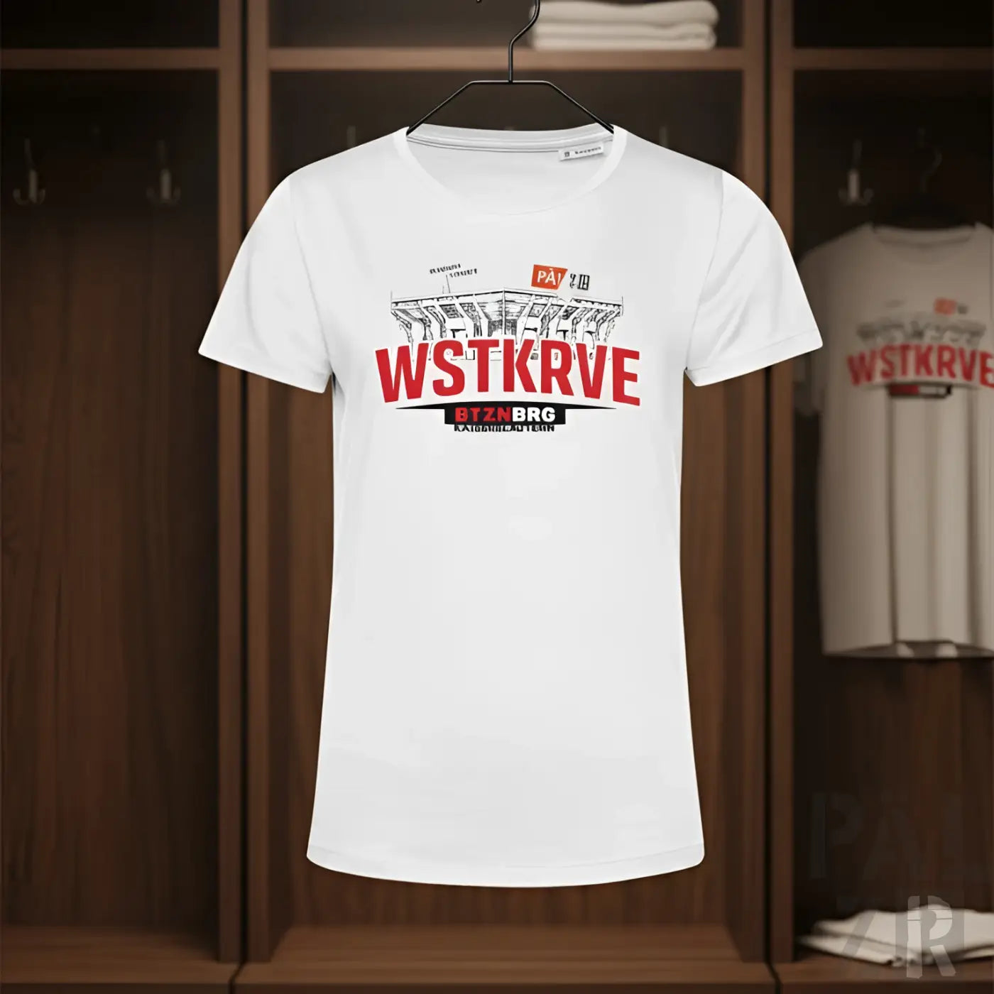 Weißes frauen kurzarm t-shirt mit rot schwarz grafikdruck und wstkrv text über stadiondesign in 3 farben