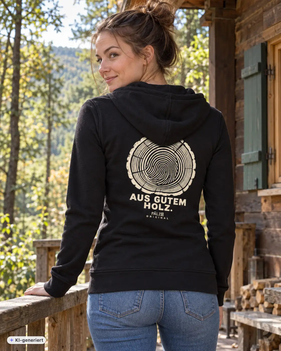 Schwarzer frauen zipper mit weißem baumring design und text auf der rückseite aus gutem holz material