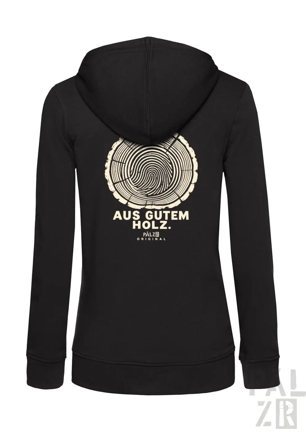 Schwarzer frauen zipper mit cremefarbenem holzmaserungsdesign und aus gutem holz text von palziii original