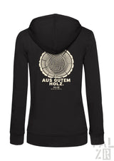 Schwarzer frauen zipper mit cremefarbenem holzmaserungsdesign und aus gutem holz text von palziii original