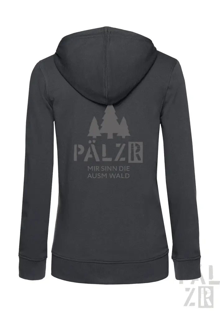 Kohle-graues Kapuzen-Sweatshirt mit Reißverschluss und ’pälzk’- und Baum-Design auf dem Rücken.