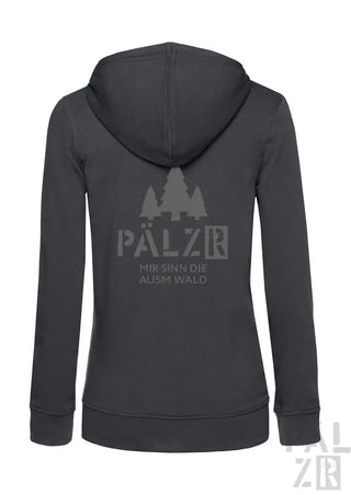 Kohle-graues Kapuzen-Sweatshirt mit Reißverschluss und ’pälzk’- und Baum-Design auf dem Rücken.
