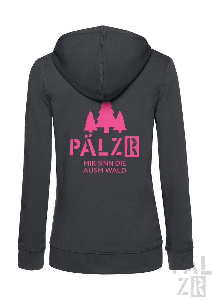 Dunkelgrauer Reißverschluss-Hoodie mit pinkem Text und Baum-Design.