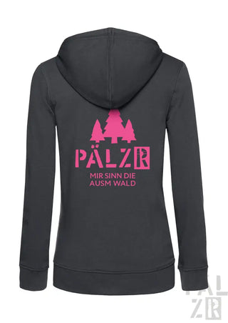 Dunkelgrauer Reißverschluss-Hoodie mit pinkem Text und Baum-Design.
