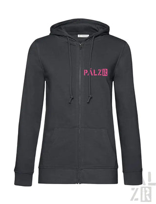 Schwarze Kapuzenjacke mit Reißverschluss, pinkem ’palzii’-Logo und Kapuze.