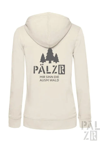 Cremeweiße Kapuzenjacke mit Reißverschluss, schwarzem Baum-Design und Text „pälzer mir sinn die ausm wald“ auf dem Rücken.