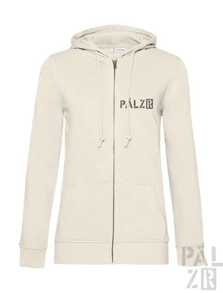 Cremeweiße Kapuzenjacke mit Reißverschluss und ’palzie’-Logo auf der Vorderseite.