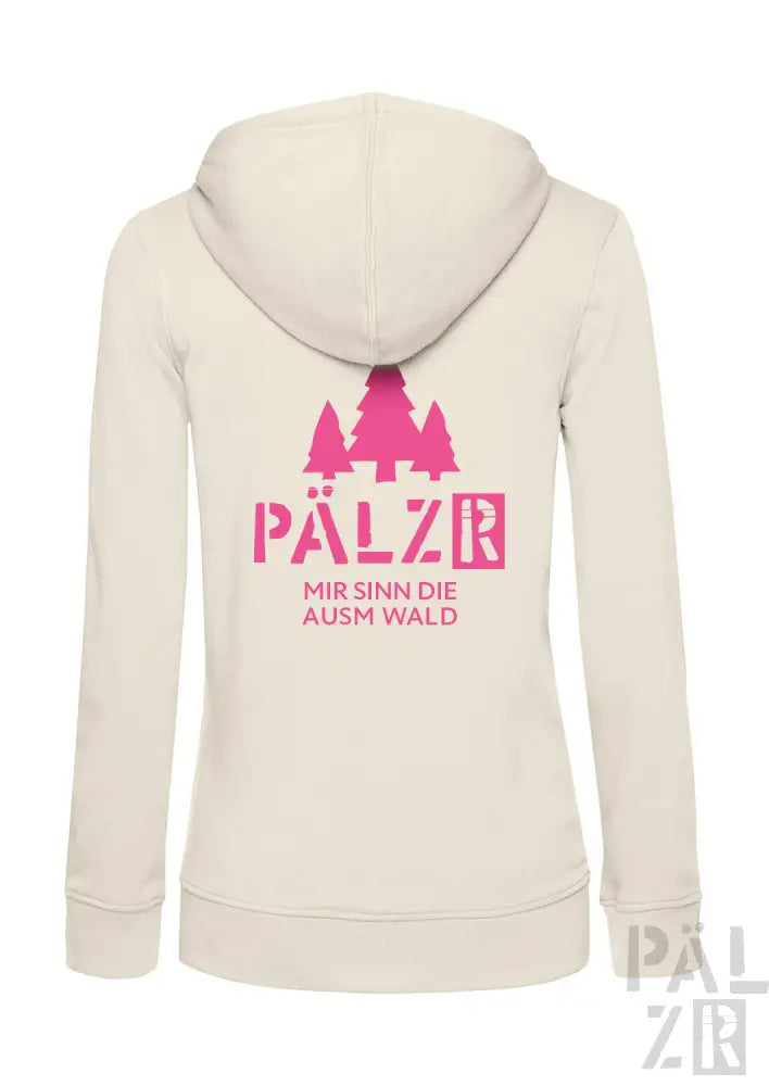 Cremeweißer Kapuzenpulli mit Reißverschluss, rosa Schrift und Baum-Motiv.