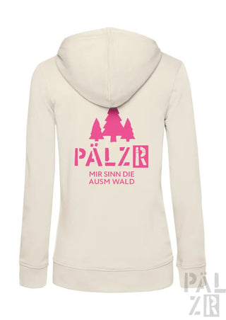 Cremeweißer Kapuzenpulli mit Reißverschluss, rosa Schrift und Baum-Motiv.