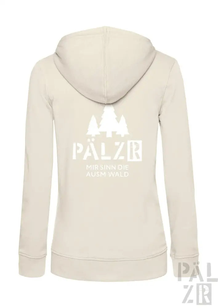 Creme-farbene Kapuzenjacke mit ’pälzr’-Logo und Baum-Silhouetten-Design.