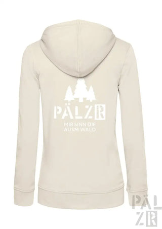 Creme-farbene Kapuzenjacke mit ’pälzr’-Logo und Baum-Silhouetten-Design.
