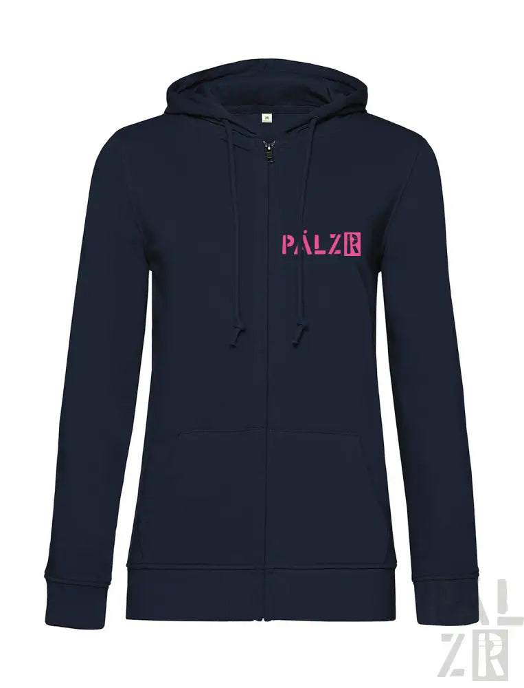 Marineblaue Kapuzenjacke mit Reißverschluss, rosa „palzb“-Logo und Kapuze.