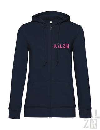 Marineblaue Kapuzenjacke mit Reißverschluss, rosa „palzb“-Logo und Kapuze.