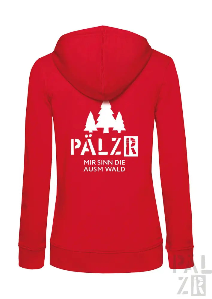 Roter Kapuzenpulli mit Reißverschluss, weißem Text und Baum-Design.