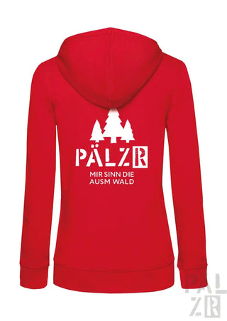 Roter Kapuzenpulli mit Reißverschluss, weißem Text und Baum-Design.