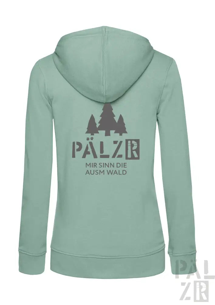 Minzgrüner Kapuzenpulli mit Reißverschluss, Waldmuster und Text „pälzr“ auf dem Rücken.