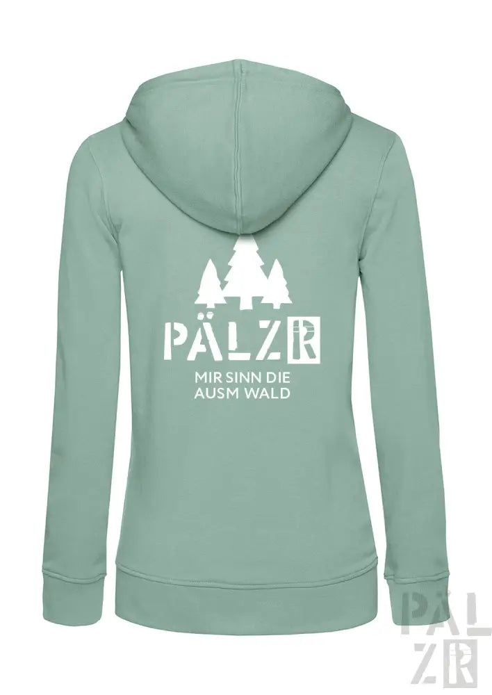 Minzgrüner Kapuzenpulli mit Reißverschluss, weißem Baum-Design und Text „pälzr mir sinn die ausm wald“ auf dem Rücken.