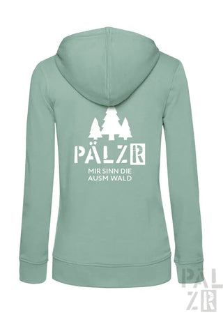 Minzgrüner Kapuzenpulli mit Reißverschluss, weißem Baum-Design und Text „pälzr mir sinn die ausm wald“ auf dem Rücken.