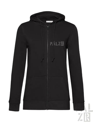 Schwarze Kapuzenjacke mit Reißverschluss und ’palzr’-Logo auf Vorderseite und Kapuze.