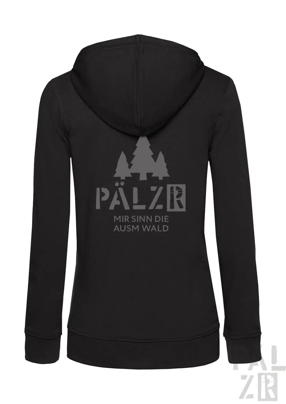 Frauen schwarzer zip-up hoodie mit pälz schriftzug und baum design auf der rückseite aus der mir sinn die ausm wald kollektion