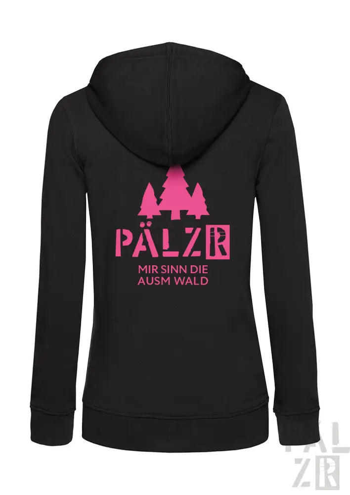 Schwarze Kapuzenjacke mit Reißverschluss, pinkem Text und Baum-Motiv.
