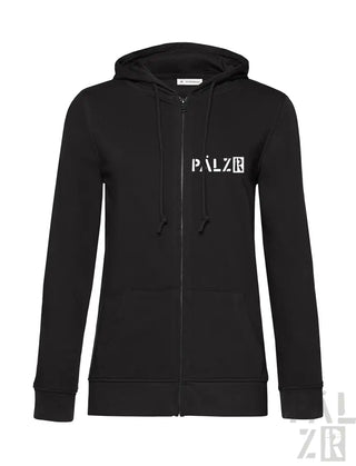 Schwarze Kapuzenjacke mit Reißverschluss und ’palzir’-Logo.