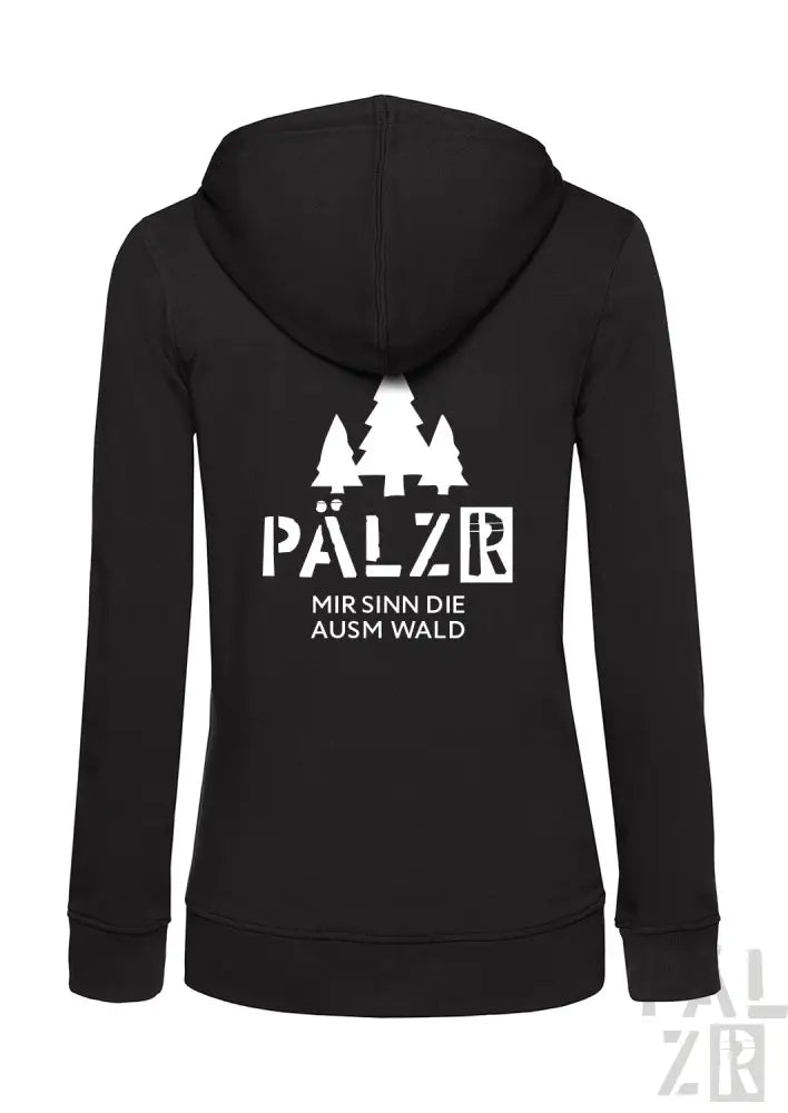 Schwarze Kapuzenjacke mit Reißverschluss, weißem Text und Baumdesign.