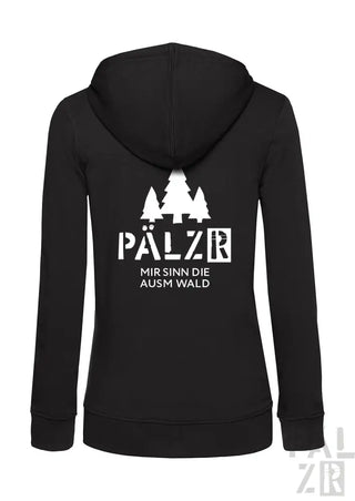 Schwarze Kapuzenjacke mit Reißverschluss, weißem Text und Baumdesign.