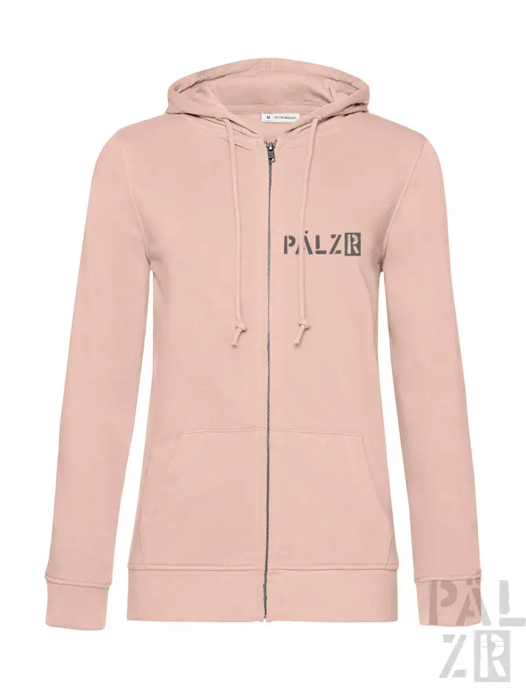 Hellrosa Kapuzenpullover mit Reißverschluss und ’palzie’-Logo auf der Vorderseite.