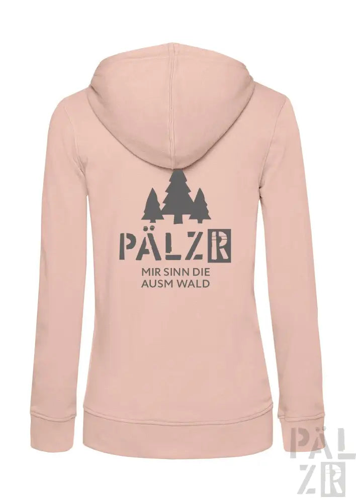 Hellrosa Kapuzenpulli mit Reißverschluss, Baum-Design und Text „pälzer“ in Schwarz.