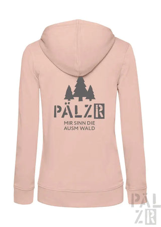 Hellrosa Kapuzenpulli mit Reißverschluss, Baum-Design und Text „pälzer“ in Schwarz.