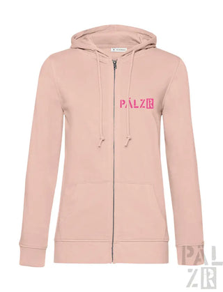 Rosa Kapuzenpulli mit Reißverschluss und dem Logo ’palzie’ in fetter, kontrastierender rosa Farbe auf der Vorderseite.