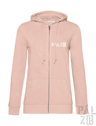 Rosa Kapuzenpulli mit Reißverschluss und ’palzir’-Logo auf der Vorderseite.
