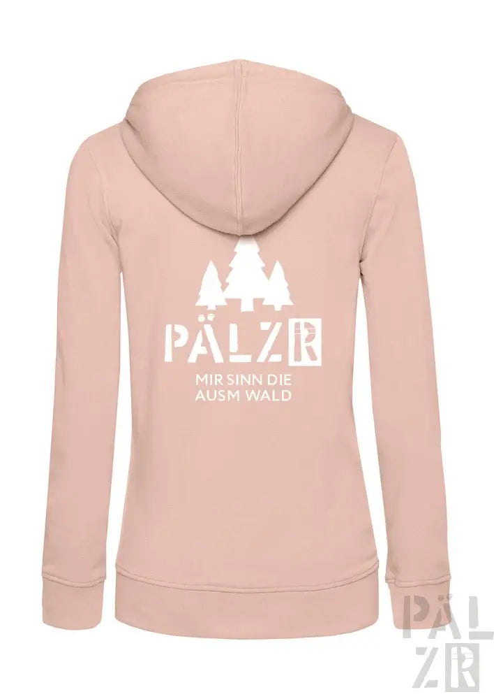 Rosa Kapuzenpullover mit Reißverschluss, weißem Text und Baum-Motiv.