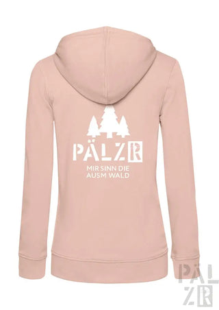 Rosa Kapuzenpullover mit Reißverschluss, weißem Text und Baum-Motiv.