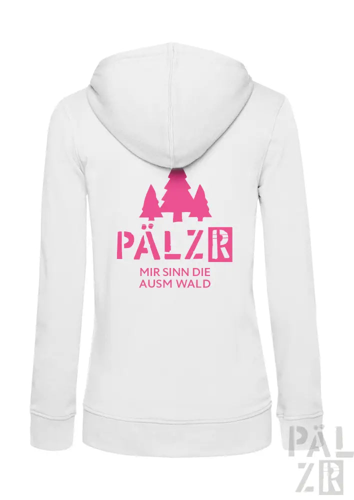 Weiße Kapuzenjacke mit Reißverschluss, pinkem Text und Baumdesign.