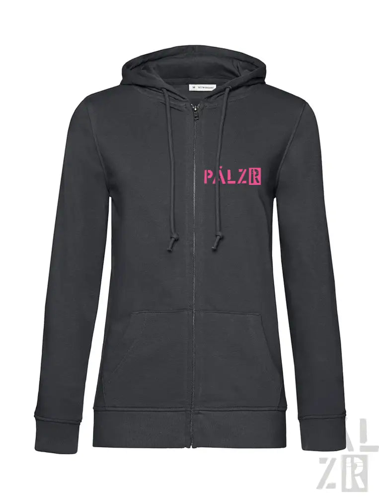 Schwarze Kapuzenjacke mit Reißverschluss, pinkem ’palzii’-Logo und Kapuze.