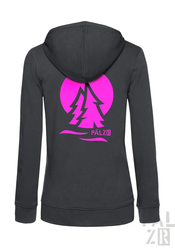 Anthrazitfarbene Kapuzenjacke mit Reißverschluss, Neonpink-Baum-Design und ‚palz‘-Logo.