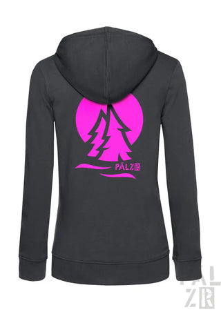 Anthrazitfarbene Kapuzenjacke mit Reißverschluss, Neonpink-Baum-Design und ‚palz‘-Logo.