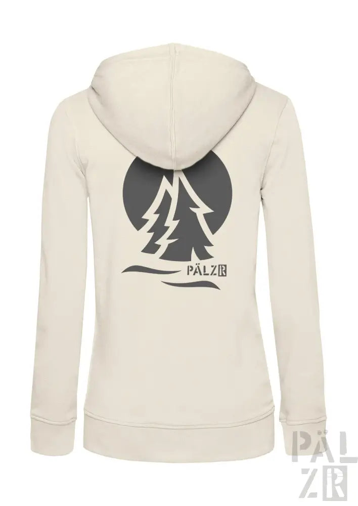 Creme-farbene Kapuzenjacke mit schwarzem Baum-Logo und Text ’palzib’ auf dem Rücken.